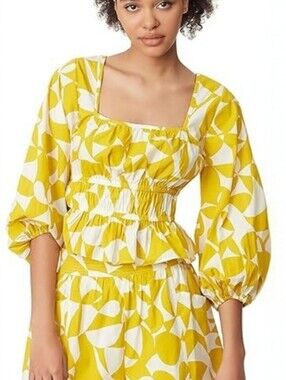 Circus NY Yellow White Geometric Smocked Peplum Blouse Top Size XS